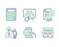 Messenger mail, Feather signature and Calculator icons set. Creative idea, Ranking star and Group signs. Vector