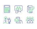 Messenger mail, Feather signature and Calculator icons set. Creative idea, Ranking star and Group signs. Vector