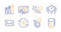Messenger mail, Intersection arrows and Analytics graph icons set. Seo gear, Timer and Reject refresh signs. Vector