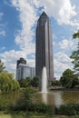 Messeturm, pond and fountain in the Friedrich Ebert plant in Frankfurt, Germany Royalty Free Stock Photo