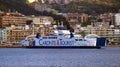 Messina, Sicily Italy: view of the port of Messina entrance with CARONTE & TOURIST Ferry Boat on the Strait of Messina Royalty Free Stock Photo