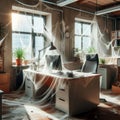Messy abandoned office after company shut down: the desk is cluttered and dusty, financial crisis concept.
