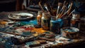 Messy artist paints vibrant chaos indoors unhygienic studio generated by AI