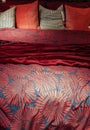 Messy bed concept. RED themed bed sheets and pillows messed up after nights sleep Royalty Free Stock Photo