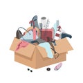 Messy box with useless broken things. Vector illustration