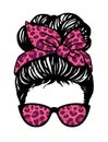 Messy bun, Girl with messy bun and glasses, purple Leopard bandana Royalty Free Stock Photo