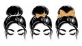 Messy bun with golden glitter bandana or headwrap and hair bow. Vector woman silhouette. Beautiful girl drawing Royalty Free Stock Photo