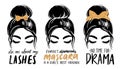 Messy bun with golden glitter bandana or headwrap and hair bow. Vector woman silhouette. Fashion quotes about mascara Royalty Free Stock Photo