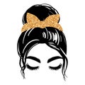 Messy bun with golden glitter bandana or headwrap. Vector woman silhouette. Beautiful girl drawing illustration. Female