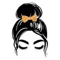 Messy bun with golden glitter hair bow. Vector woman silhouette. Beautiful girl drawing illustration. Female hairstyle.