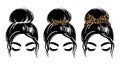 Messy bun with leopard bandana or headwrap and hair bow. Vector woman silhouette. Beautiful girl drawing illustration. Royalty Free Stock Photo