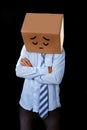 Messy business man with carboard box on head sad expression draw Royalty Free Stock Photo