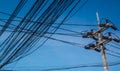 Messy cables attached to electrics pole in Thailand Royalty Free Stock Photo