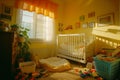 Messy children's nursery room with scattered toys and a cozy dog bed, AI-generated. Royalty Free Stock Photo