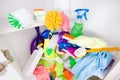 Messy cleaning supplies pantry Royalty Free Stock Photo