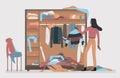 Messy closet, dressing home room interior with cartoon woman