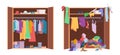 Messy clothes wardrobe. Modern interior storage with opening and closed organized wardrobe vector set