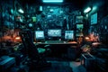 Messy and dark cyberpunk hacker hideout room. Neural network generated image