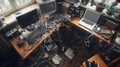 A Messy Desk With Electronics and Cables Royalty Free Stock Photo