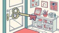 Messy desk key unlocks creative work! Door to chaos, access to creative process and untidiness. Vector Design, Generative AI