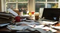 A messy desk with a laptop, a cup of coffee, and a stack of papers Royalty Free Stock Photo