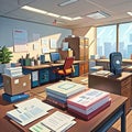 Messy, disorganized office, cute simple anime style illustration