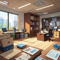 Messy, disorganized office, cute simple anime style illustration