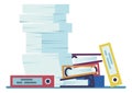 Messy documents pile. Unorganized paper sheets and file binders