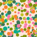 Colorful messy dots on beige background. Festive seamless pattern with round shapes. Royalty Free Stock Photo