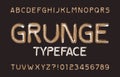 Messy grunge alphabet font. Rough scratched uppercase letters and numbers.