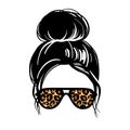 Messy hair bun, aviator glasses with leopard print. Vector woman silhouette. Female hairstyle.