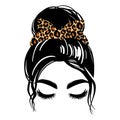 Messy hair bun with leopard bandana or headwrap, vector woman silhouette. Beautiful girl drawing illustration. Female Royalty Free Stock Photo