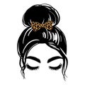 Messy hair bun, vector woman silhouette. Beautiful girl drawing illustration. Female hairstyle. Hair bow with leopard Royalty Free Stock Photo