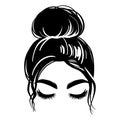 Messy hair bun, vector woman silhouette. Beautiful girl drawing illustration. Female hairstyle. Royalty Free Stock Photo