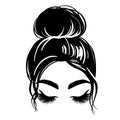 Messy hair bun, vector woman silhouette. Beautiful girl drawing illustration. Female hairstyle. Royalty Free Stock Photo