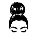 Messy hair bun, vector woman silhouette. Beautiful girl drawing illustration. Female hairstyle. Royalty Free Stock Photo