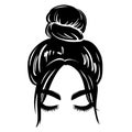 Messy hair bun, vector woman silhouette. Beautiful girl drawing illustration. Female hairstyle. Royalty Free Stock Photo