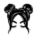 Messy hair bun, vector woman silhouette. Beautiful girl drawing illustration. Female hairstyle.