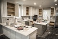 Messy home kitchen during remodeling with cabinet doors open cluttered with paint cans, tools and dirty rags, canned ceiling light