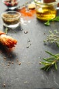 Messy Kitchen Table with Herbs and Spices Royalty Free Stock Photo