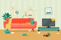 Messy living room interior. Furniture: sofa, bookcase, tv, lamps. Royalty Free Stock Photo