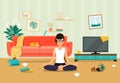 Messy living room interior. Young woman in yoga pose, lotus position.