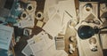 Messy office desk with paperwork and coffee cups