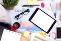 Messy office desktop with technology Royalty Free Stock Photo