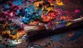 Messy paintbrush strokes create vibrant abstract rainbow painting on wood generated by AI