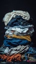 A messy pile of various clothes scattered and sitting on a blanked against a dark background, creating a disorganized