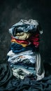 A messy pile of various clothes scattered and sitting on a blanked against a dark background, creating a disorganized