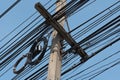 Messy power lines on electric pole Royalty Free Stock Photo