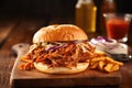 a messy pulled pork sandwich on rustic wooden table