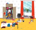 Messy room where young lady lives. Teenager or student girl untidy room. Cartoon mess in the room